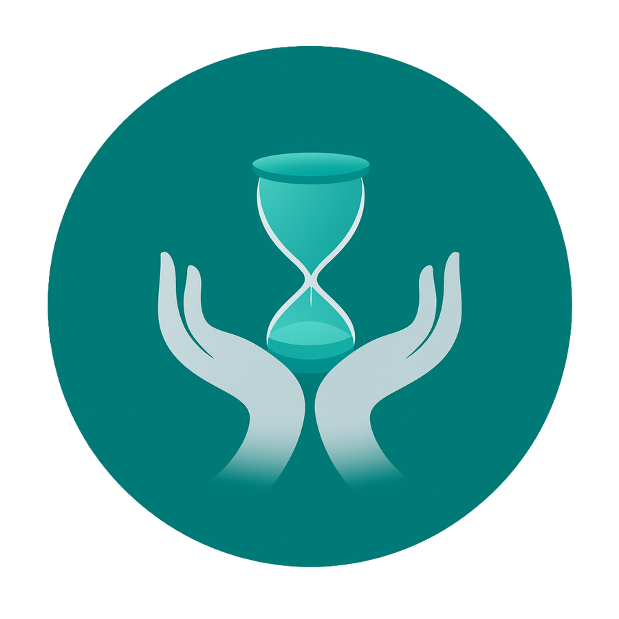 Mindful Minutes app logo featuring an hourglass held by calming hands, representing mindful time and mental wellness