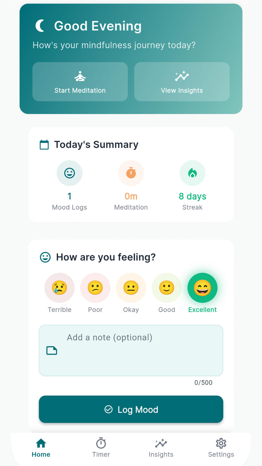 Mindful Minutes app home screen showing start meditation and insights options with a calming teal interface