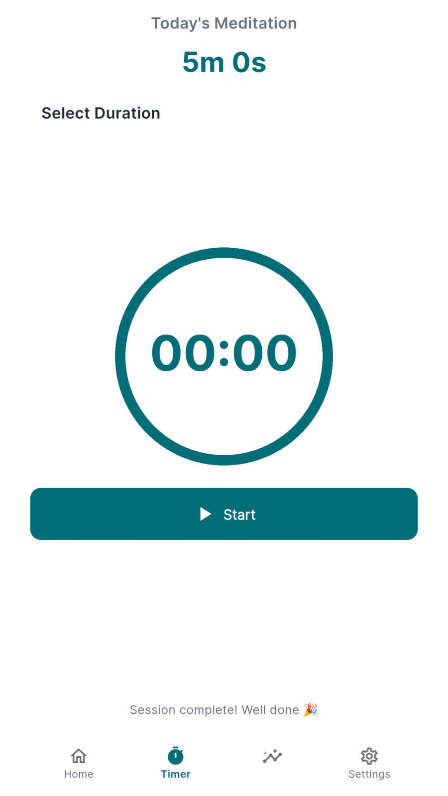 Mindful Minutes meditation timer set to begin a guided breathing session