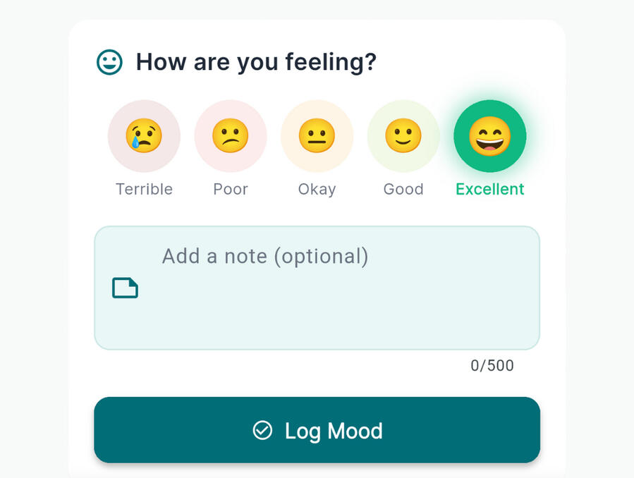 Mindful Minutes mood tracking screen allowing users to log how they feel from terrible to excellent