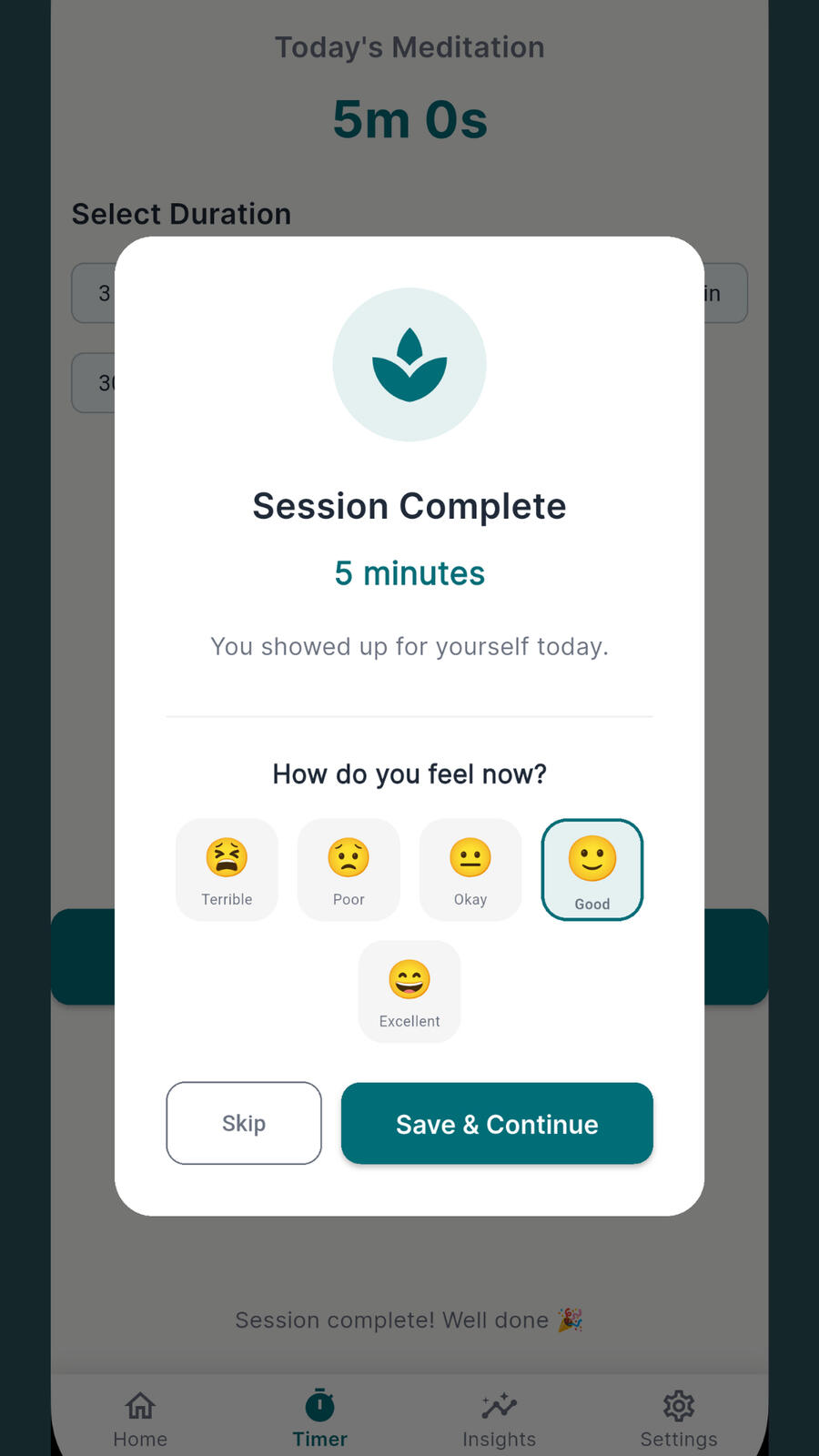 Mindful Minutes completion screen confirming a finished meditation session with mood feedback options